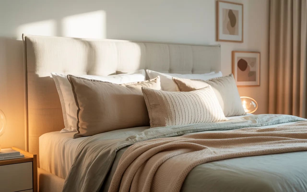 Cozy modern bedroom decor with neutral bedding, upholstered headboard, layered cushions, ambient lighting, minimalist wall art, Pinterest-style interior photography”