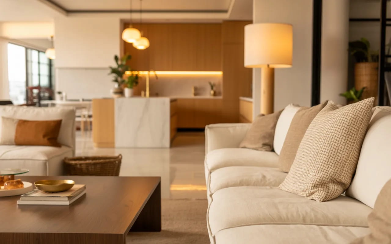 Complete modern house interior with cohesive design, neutral colors, stylish furniture, open layout, warm lighting, Pinterest-worthy home aesthetic”