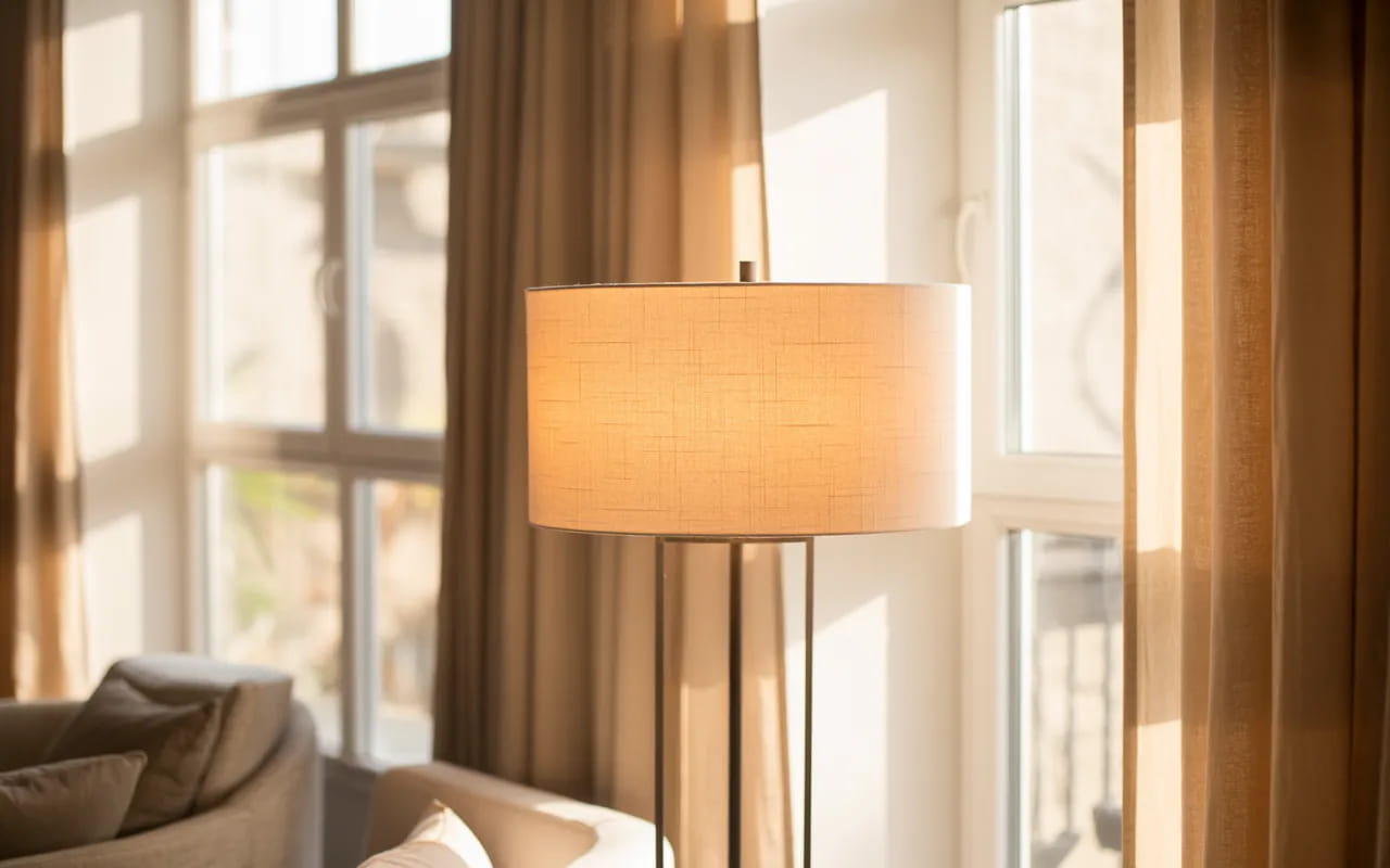 bright small living room, layered lighting, floor lamp, natural sunlight, neutral walls