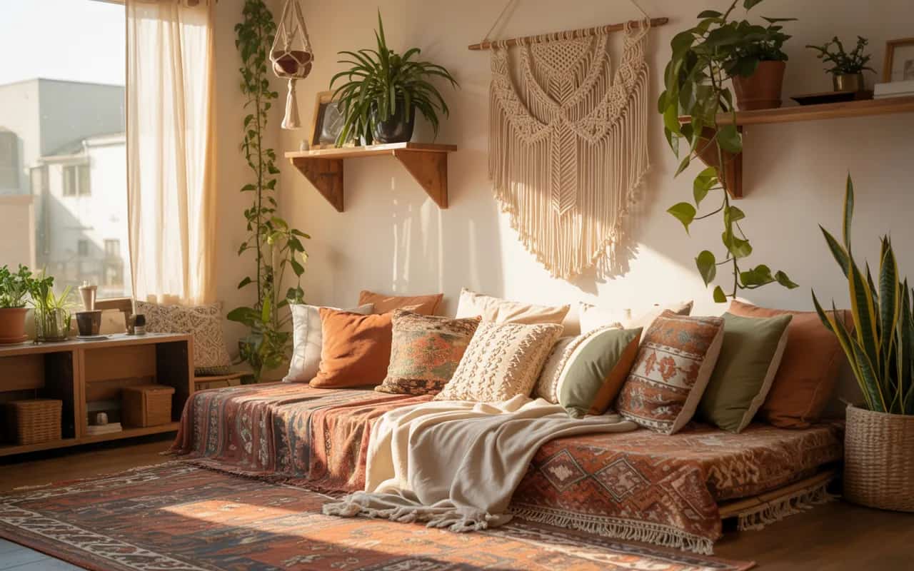 Boho-chic room decor with layered rugs, patterned cushions, hanging plants, macramé wall decor, wooden furniture, cozy Pinterest aesthetic photography”