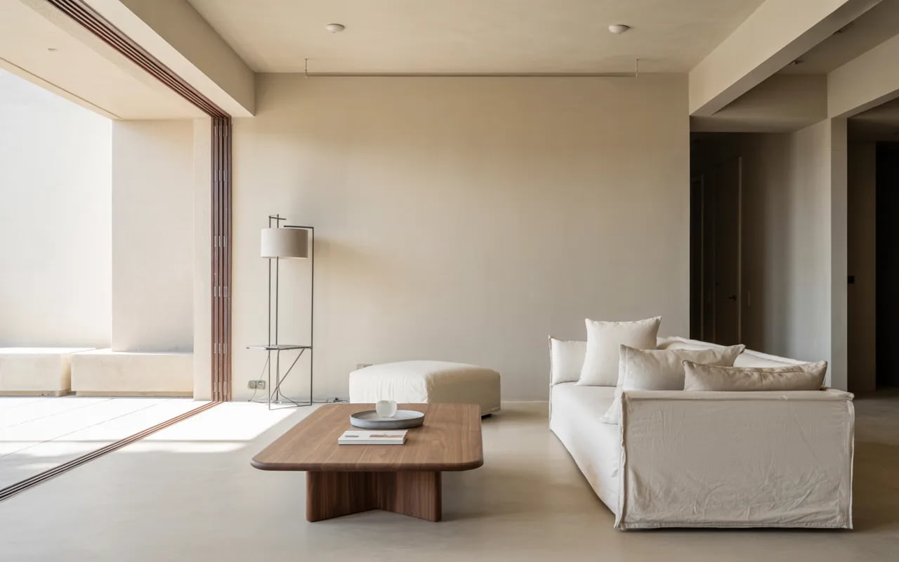 Minimalist modern home interior with clean lines, neutral palette, natural light, simple furniture, calm and aesthetic Pinterest photography”