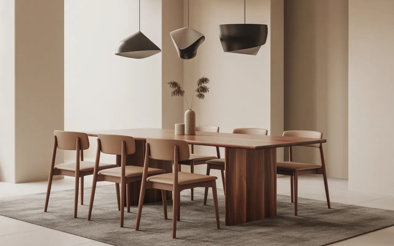 Modern dining room interior with wooden dining table, stylish chairs, pendant lighting, neutral tones, minimal decor, Pinterest-inspired home design”