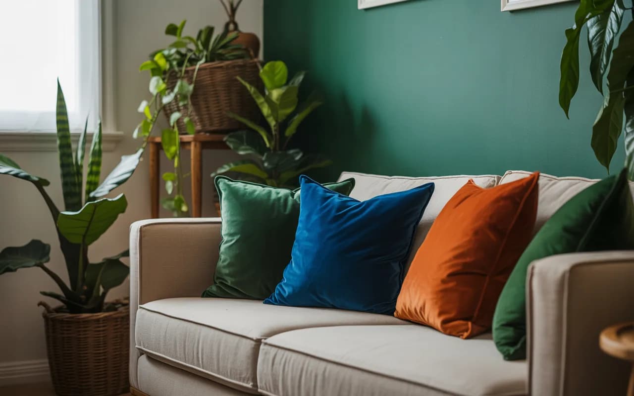 Small room with colorful throw pillows, accent wall, indoor plants, neutral furniture, cozy and stylish Pinterest interior photography”