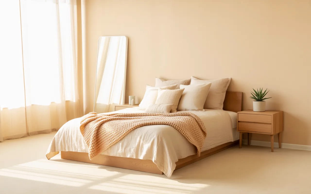 Small bedroom with neutral walls, light furniture, cozy bedding, minimal decor, bright natural light, Pinterest aesthetic interior photography”