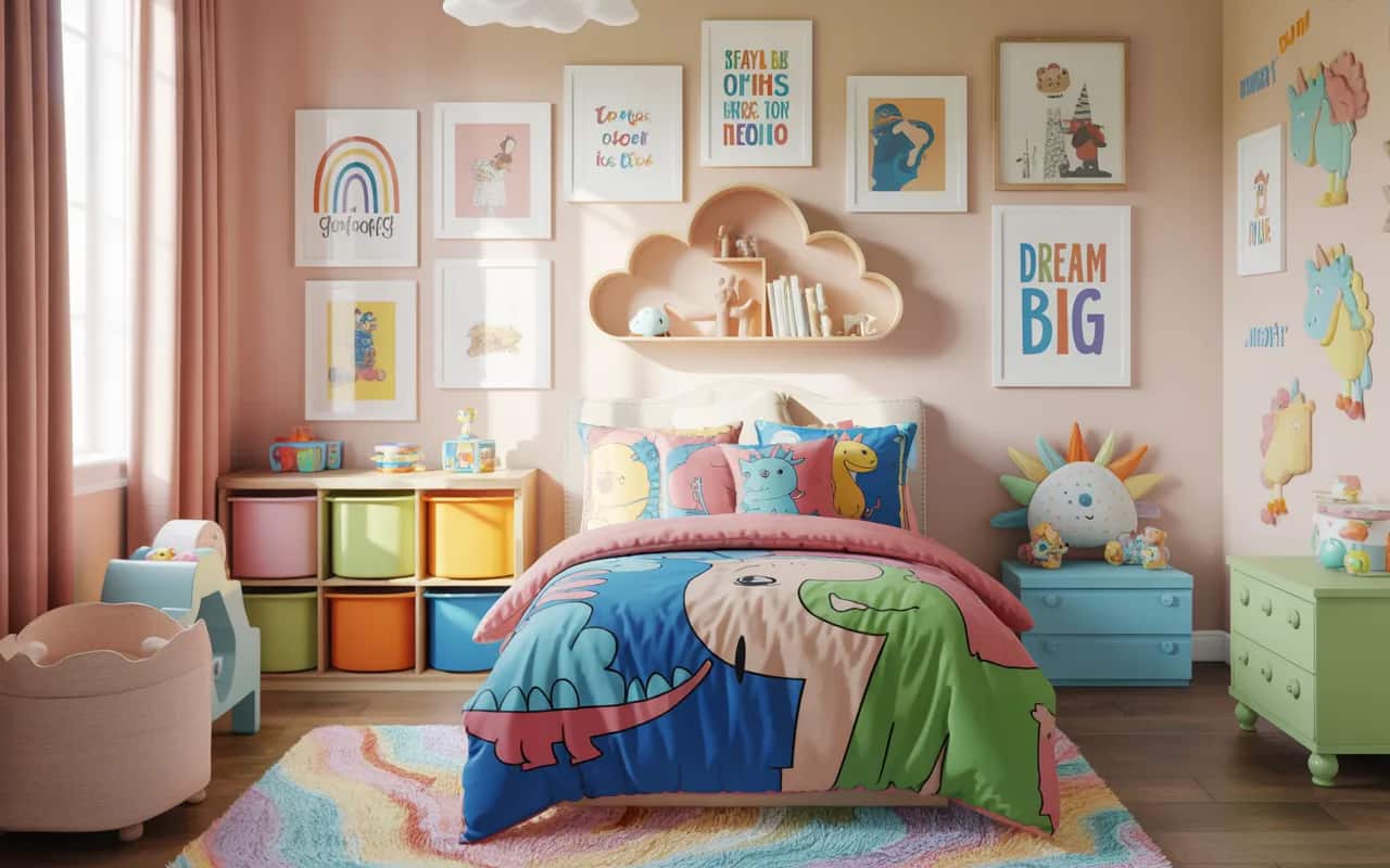 Colorful kids’ room decor with vibrant wall art, themed bedding, soft rug, storage solutions, playful and Pinterest-style interior photography”