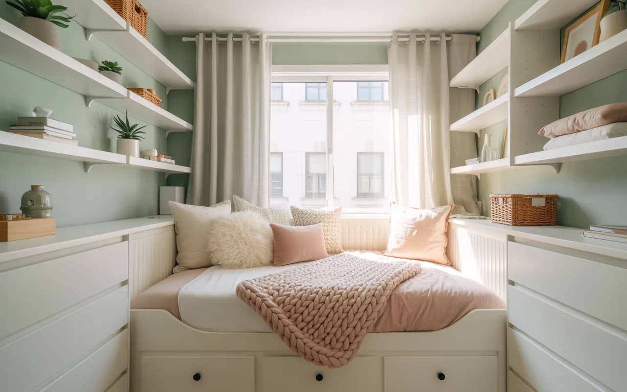 Small room decor with light colors, multifunctional furniture, vertical storage, cozy textiles, bright natural lighting, Pinterest aesthetic photography”