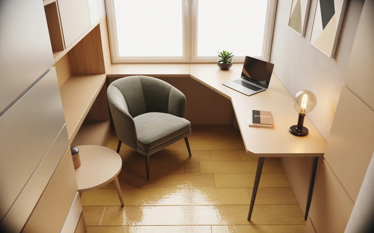 “Small modern room with smart furniture layout, corner desk, compact seating, open floor space, Pinterest aesthetic photography”