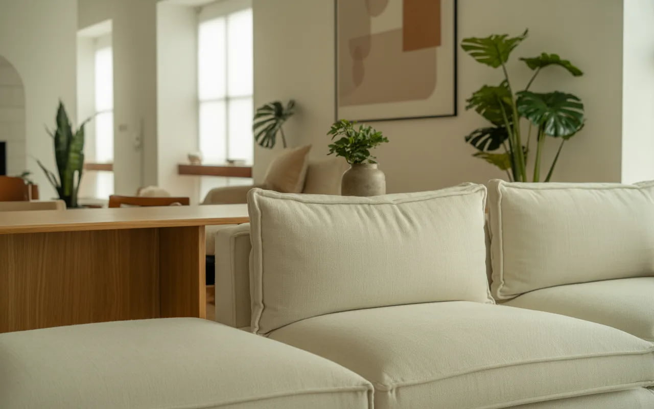 Modern living room interior with neutral colors, minimalist sofa, wooden accents, indoor plants, soft natural lighting, stylish wall art, high-end home decor photography, Pinterest aesthetic”