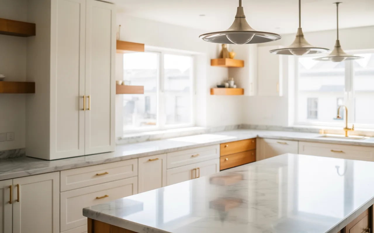 “Modern kitchen interior with white cabinets, marble countertops, wooden accents, stylish pendant lights, clean and minimal design, natural light, Pinterest home decor style”