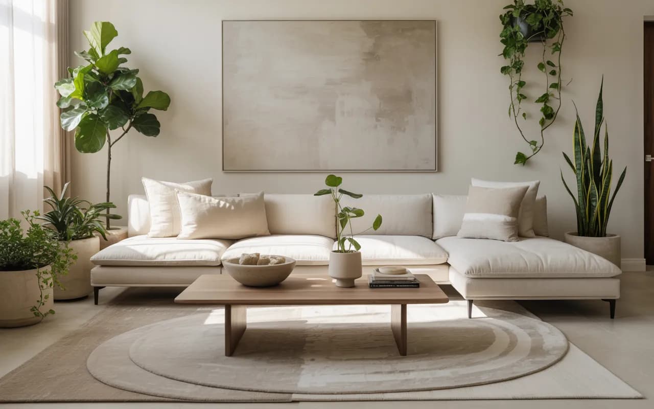 Modern living room decor with neutral tones, minimalist sofa, layered rugs, indoor plants, statement wall art, Pinterest aesthetic photography”