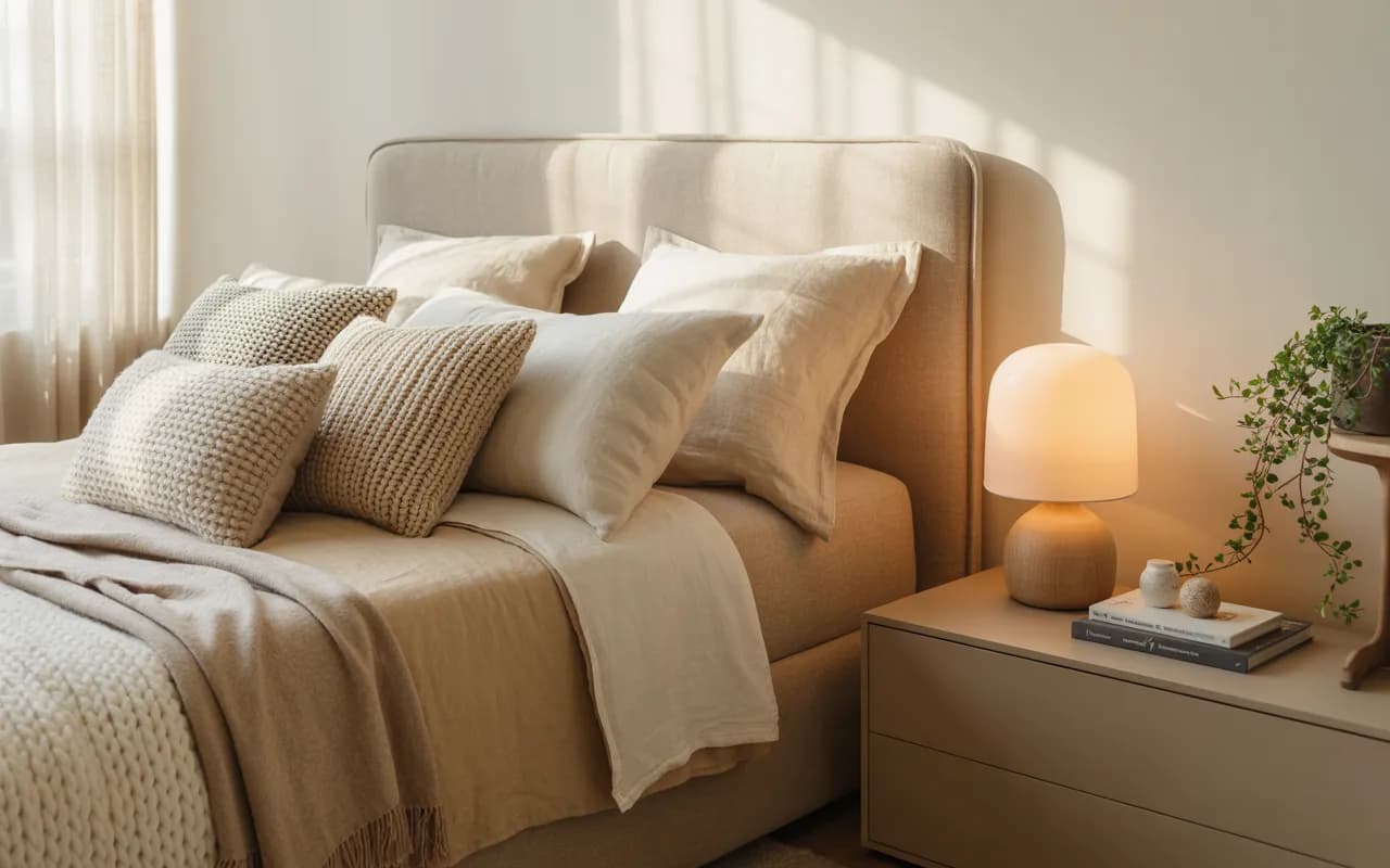 Modern bedroom interior design with neutral tones, cozy bedding, upholstered headboard, soft lighting, minimalist decor, warm aesthetic, Pinterest-style home interior photography”