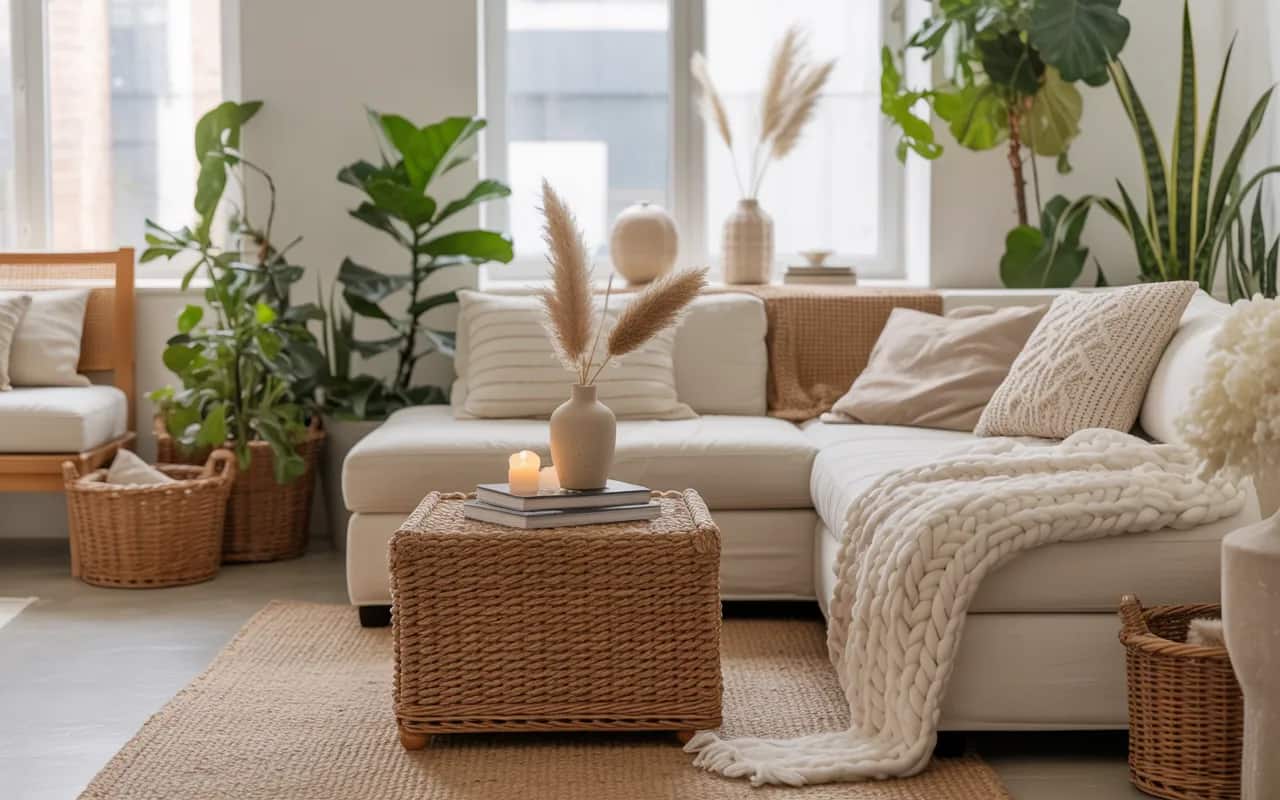 “Cozy modern home interior with open-plan design, neutral color palette, layered textures, indoor plants, soft lighting, aesthetic styling, Pinterest-inspired photography”