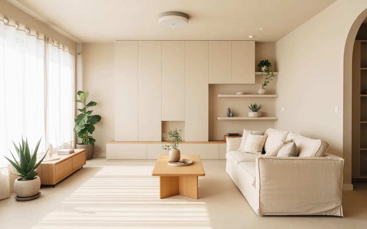 Minimalist room decor with neutral colors, sleek furniture, smart storage, indoor plants, cozy and clean Pinterest-style photography”