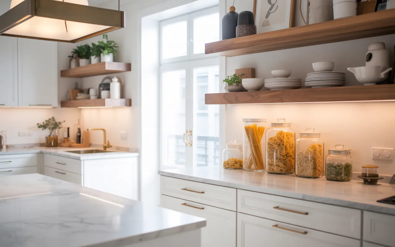 Modern kitchen decor with white cabinets, marble countertops, wooden accents, open shelving, stylish lighting, Pinterest aesthetic photography”