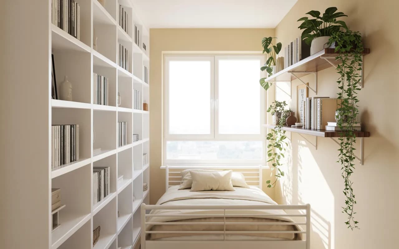 Small room with vertical storage, wall-mounted shelves, tall bookcase, loft bed, decorative plants, bright natural lighting, Pinterest aesthetic photography”