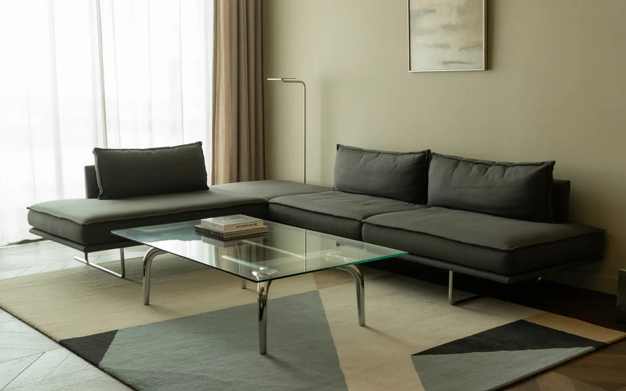 compact furniture in small living room, low-profile sofa, slim coffee table, modern decor