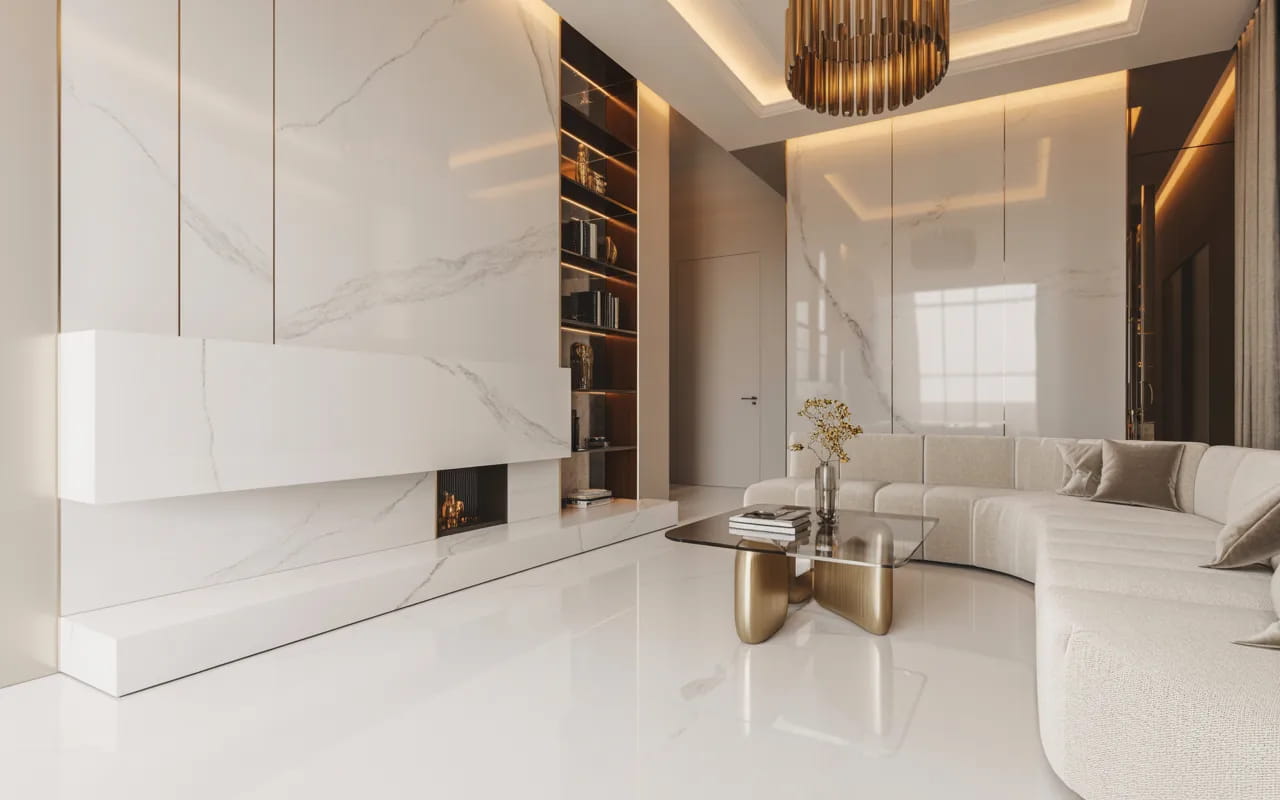 “Luxury modern house interior with marble finishes, elegant furniture, soft lighting, neutral tones, gold accents, high-end Pinterest-style photography”