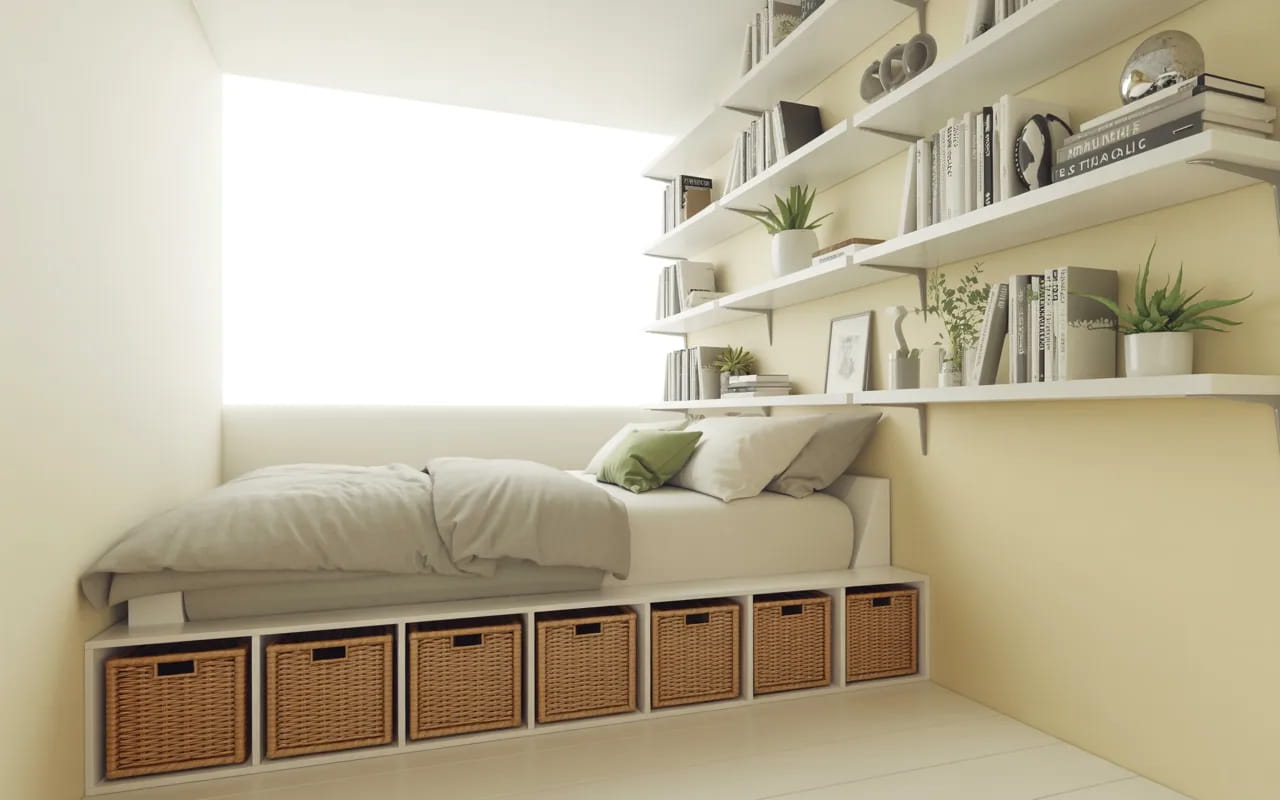 Small room with under-bed storage, floating shelves, decorative baskets, organized and minimal, bright lighting, Pinterest-style interior photography”