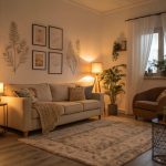 cozy living room with warm lighting, plush sofa, soft rug, inviting modern decor