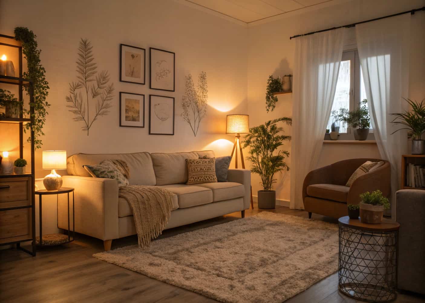 cozy living room with warm lighting, plush sofa, soft rug, inviting modern decor