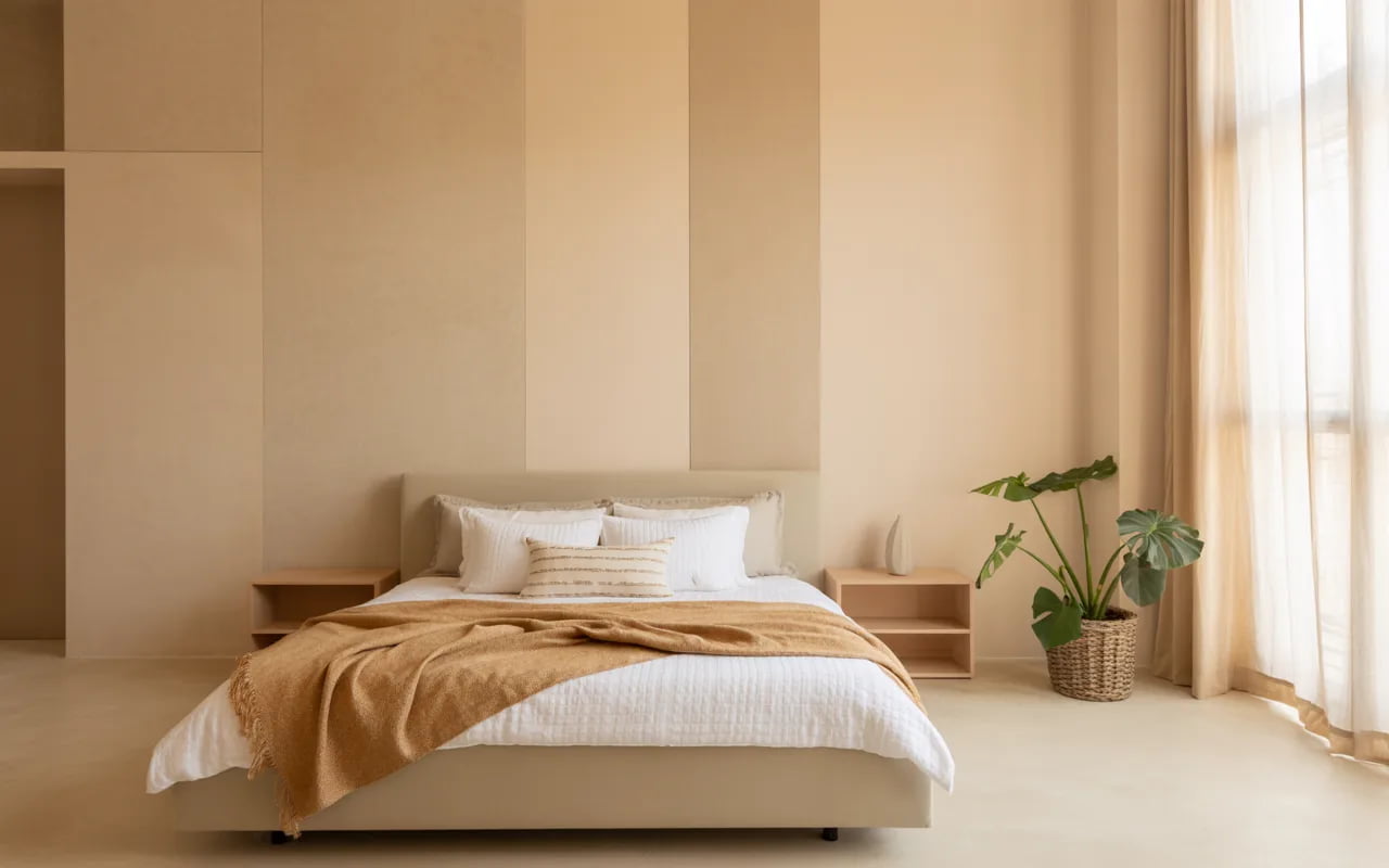 “Minimalist bedroom with neutral walls, sleek furniture, cozy bedding, indoor plant, soft ambient lighting, Pinterest aesthetic photography”2. Boho-Chic Bedroom Inspiration