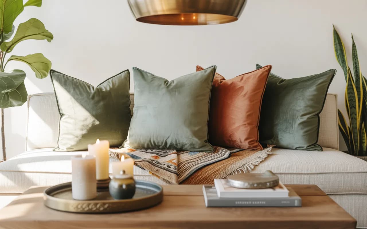 “Modern living room accents with throw pillows, layered rugs, statement lighting, indoor plants, decorative trays, Pinterest-style photography”