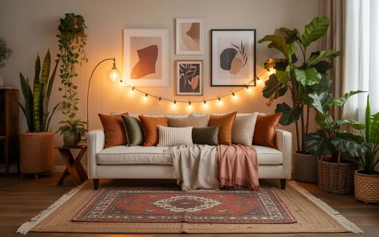 Stylish living room decor with layered rugs, decorative cushions, ambient lighting, indoor plants, curated wall art, Pinterest-inspired interior photography”