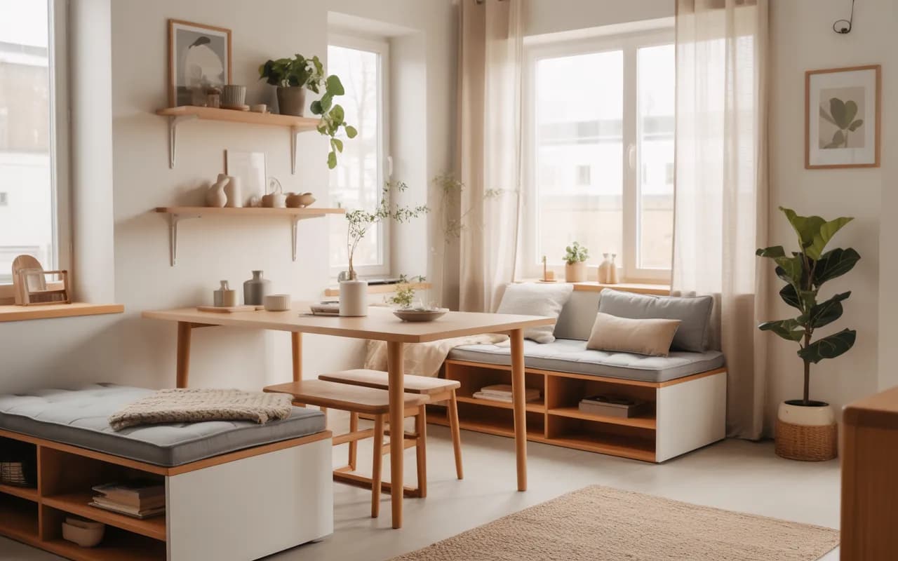 “Small modern house interior with neutral colors, multifunctional furniture, natural light, minimalist decor, cozy and stylish look, Pinterest aesthetic”