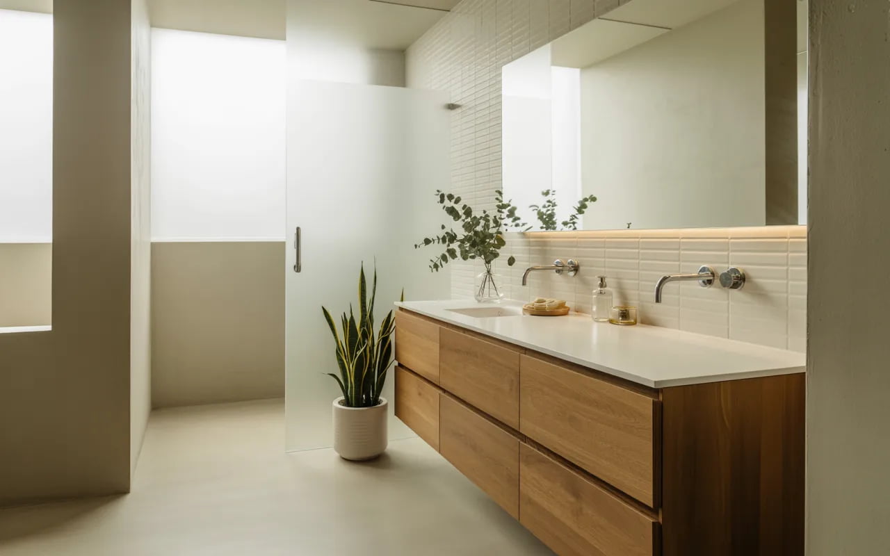 Modern bathroom interior design with floating vanity, neutral colors, soft lighting, minimalist decor, indoor plants, luxury spa-style aesthetic, Pinterest photography”