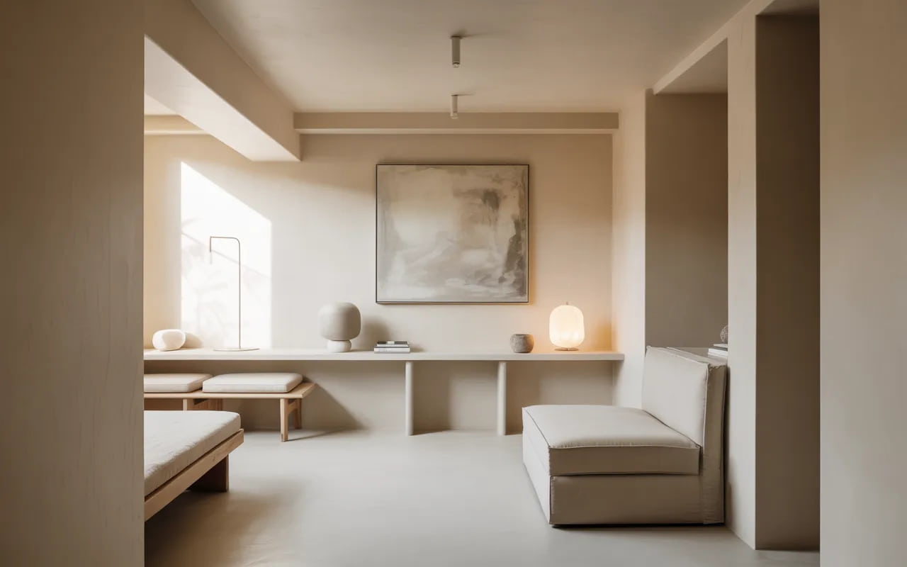 Minimalist small room with neutral colors, sleek furniture, single statement decor piece, uncluttered and cozy, Pinterest-style photography”