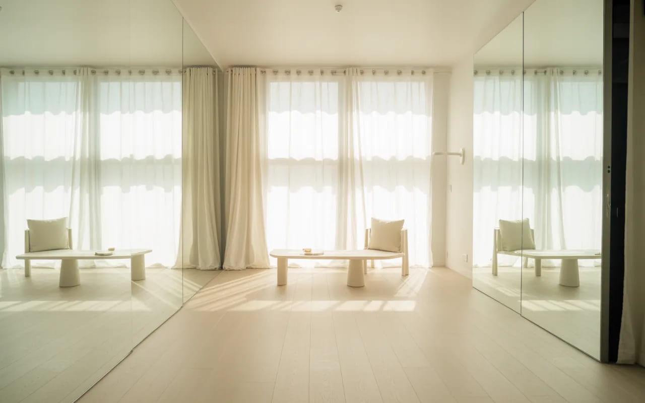 Small modern room with large windows, sheer curtains, wall mirrors, bright ambient lighting, minimalist furniture, Pinterest aesthetic photography”