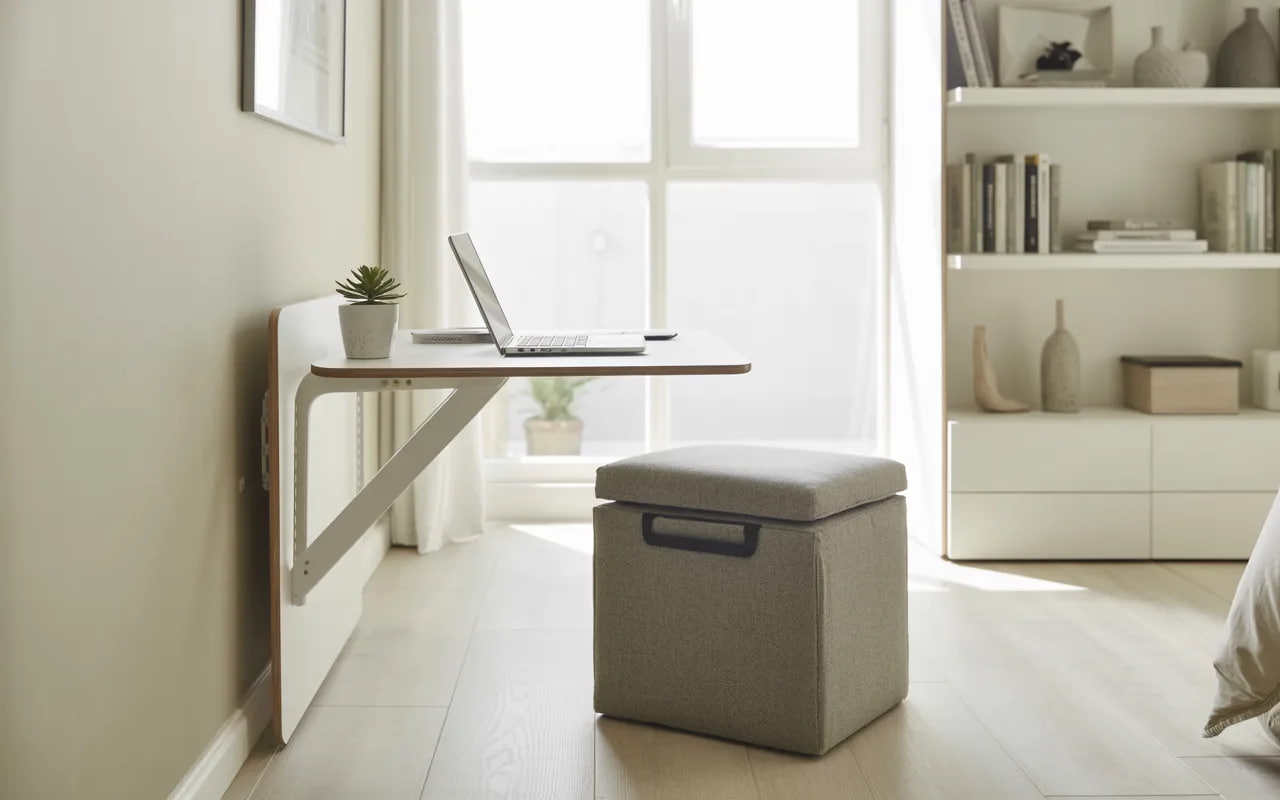 “Small modern room with multifunctional furniture, foldable desk, storage ottoman, bright and organized, Pinterest interior photography”