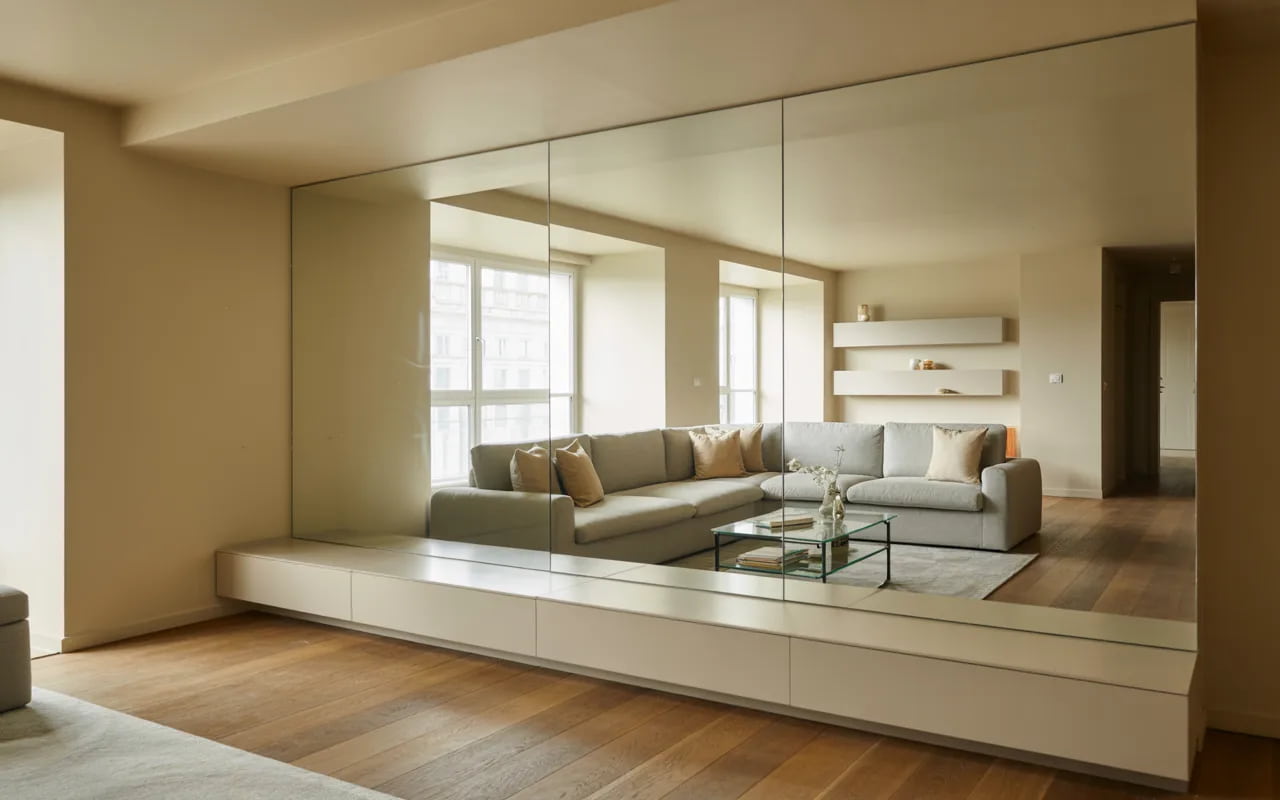 small living room with large mirror, open feel, neutral colors, modern apartment