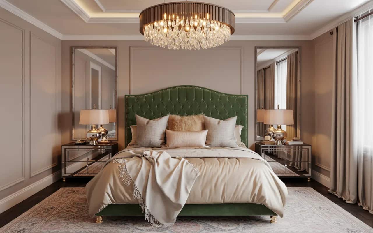 Luxury bedroom with velvet headboard, plush bedding, statement chandelier, neutral walls, mirrored furniture, Pinterest interior photography”