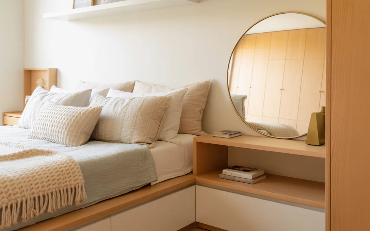 “Small bedroom with multifunctional furniture, under-bed storage, light walls, mirror, cozy bedding, Pinterest aesthetic photography”