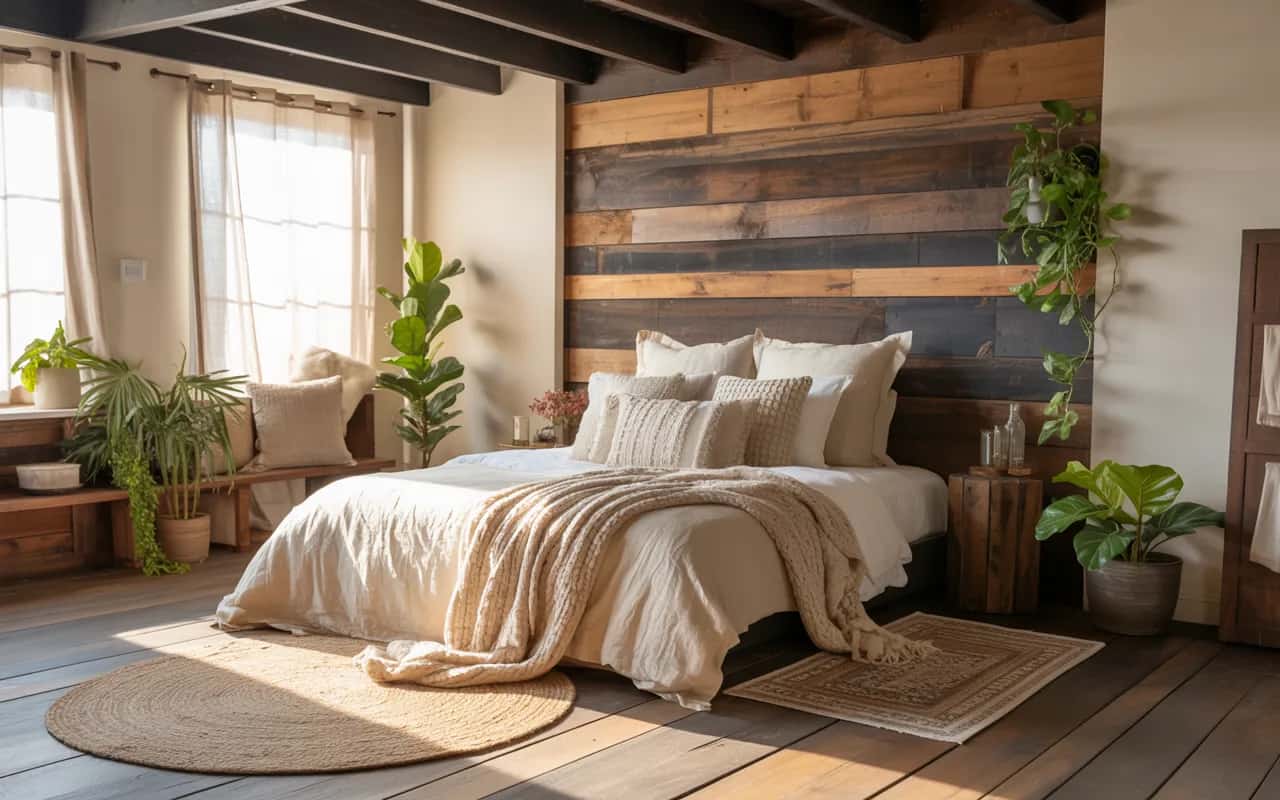 “Rustic bedroom with wooden beams, textured bedding, layered rugs, plants, natural lighting, Pinterest interior photography”
