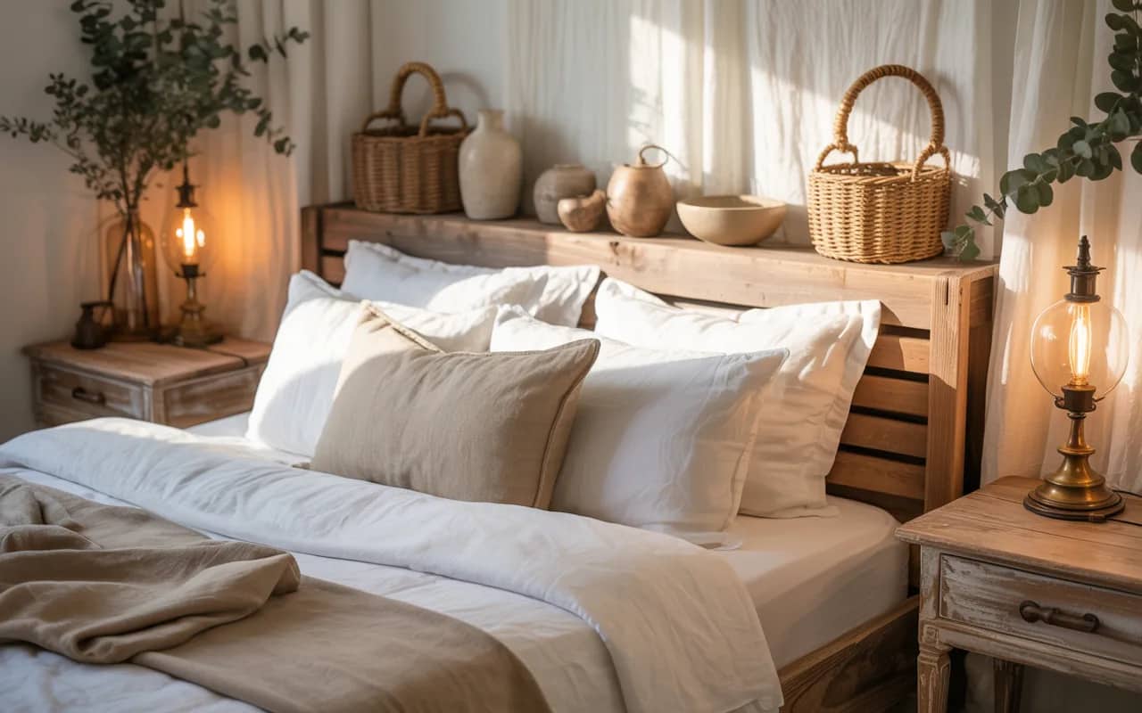 Farmhouse bedroom with wooden furniture, neutral bedding, woven baskets, rustic decor, soft lighting, Pinterest aesthetic photography”