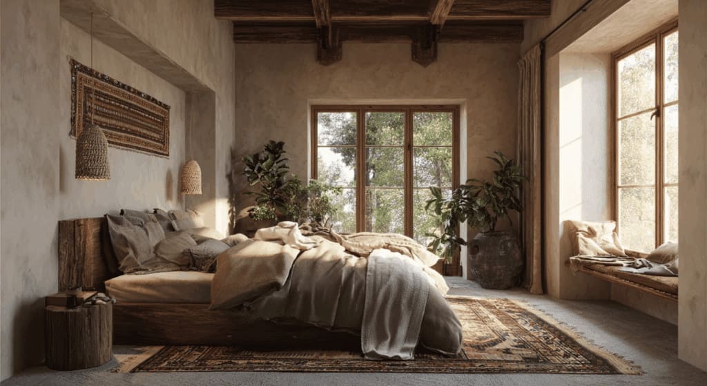 “Pastel aesthetic bedroom with layered bedding, string lights, wall art, cozy soft textures, Pinterest interior photography”