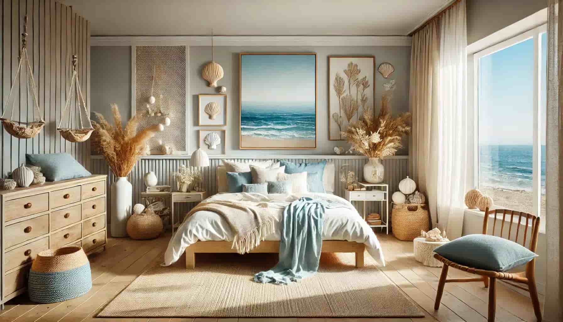 Coastal bedroom with soft blue and white tones, light wood furniture, woven textures, airy and bright, Pinterest aesthetic photography”