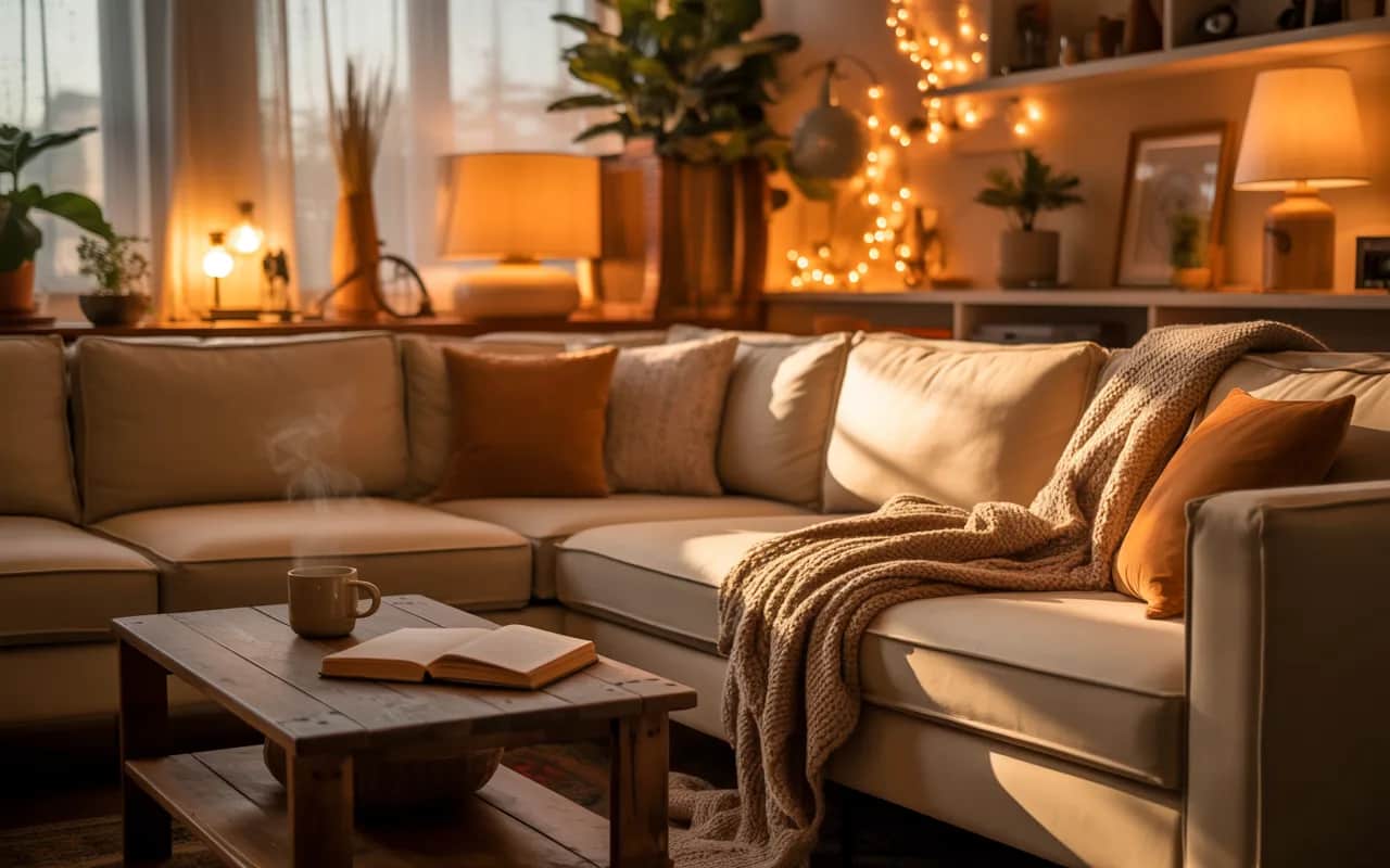 cozy small living room, warm lighting, comfortable seating, inviting atmosphere