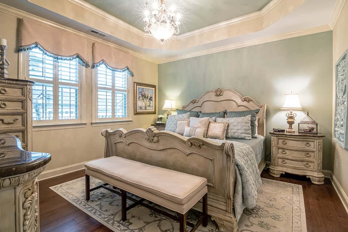 “Vintage bedroom with antique furniture, patterned rugs, muted bedding, nostalgic decor, Pinterest interior photography