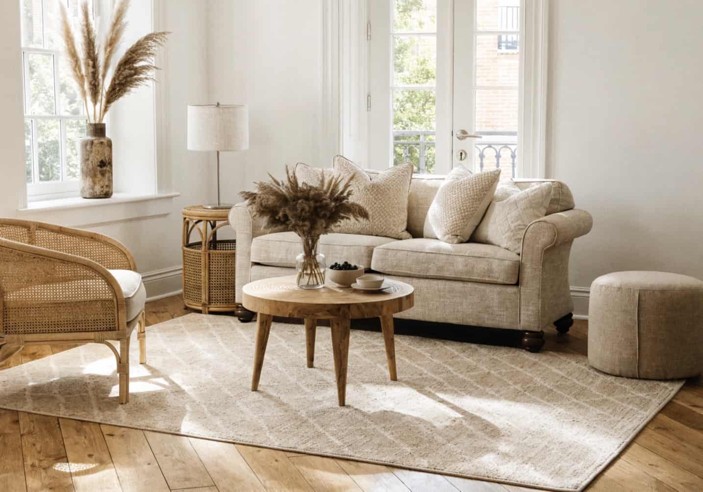 light-colored small living room, white walls, neutral decor, bright natural light