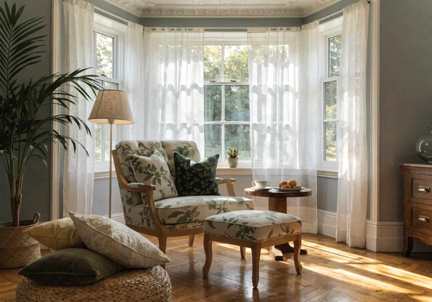 small living room with large window, sheer curtains, sunlight, airy interior