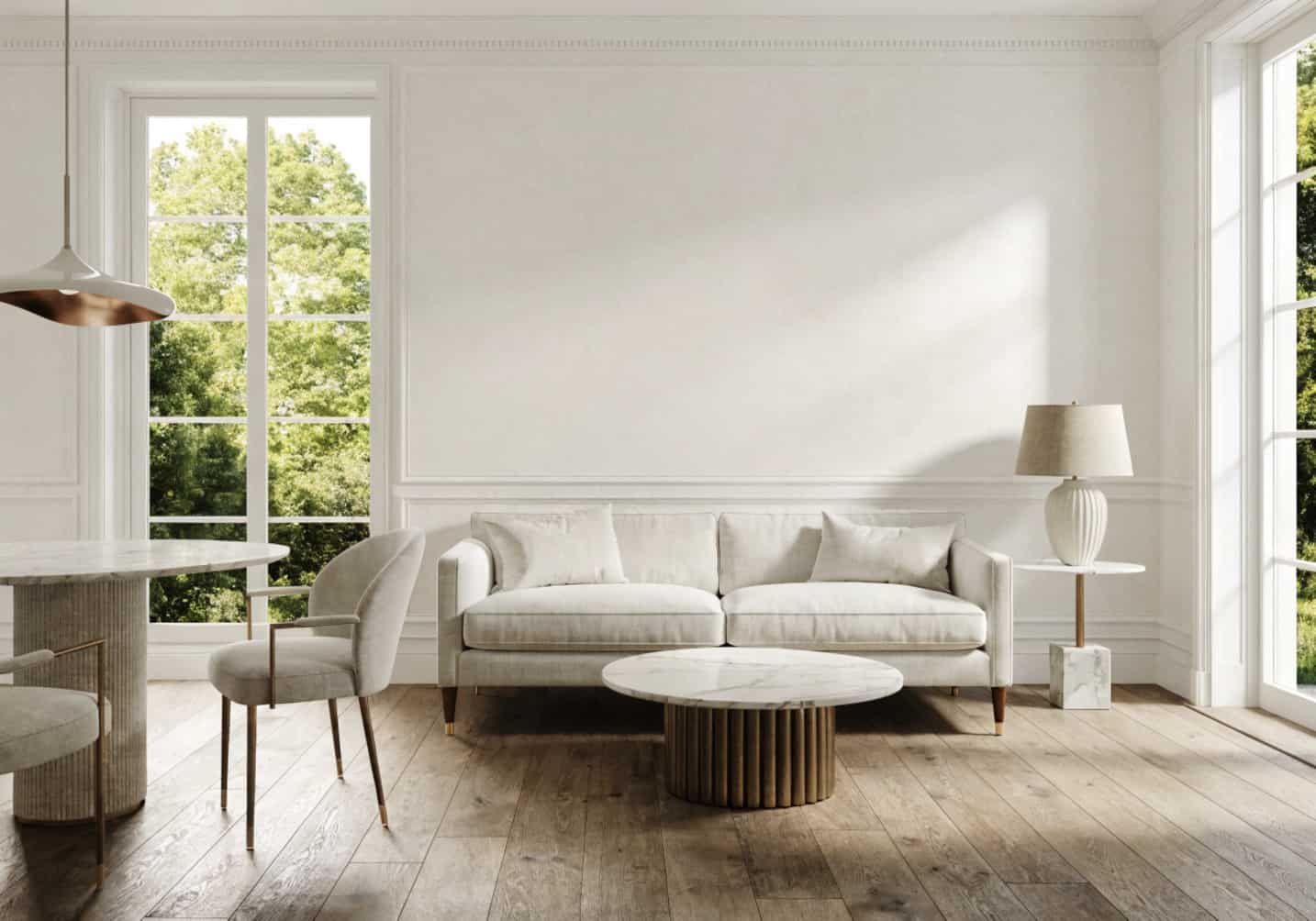 clutter-free small living room, open layout, clean surfaces, minimal decor