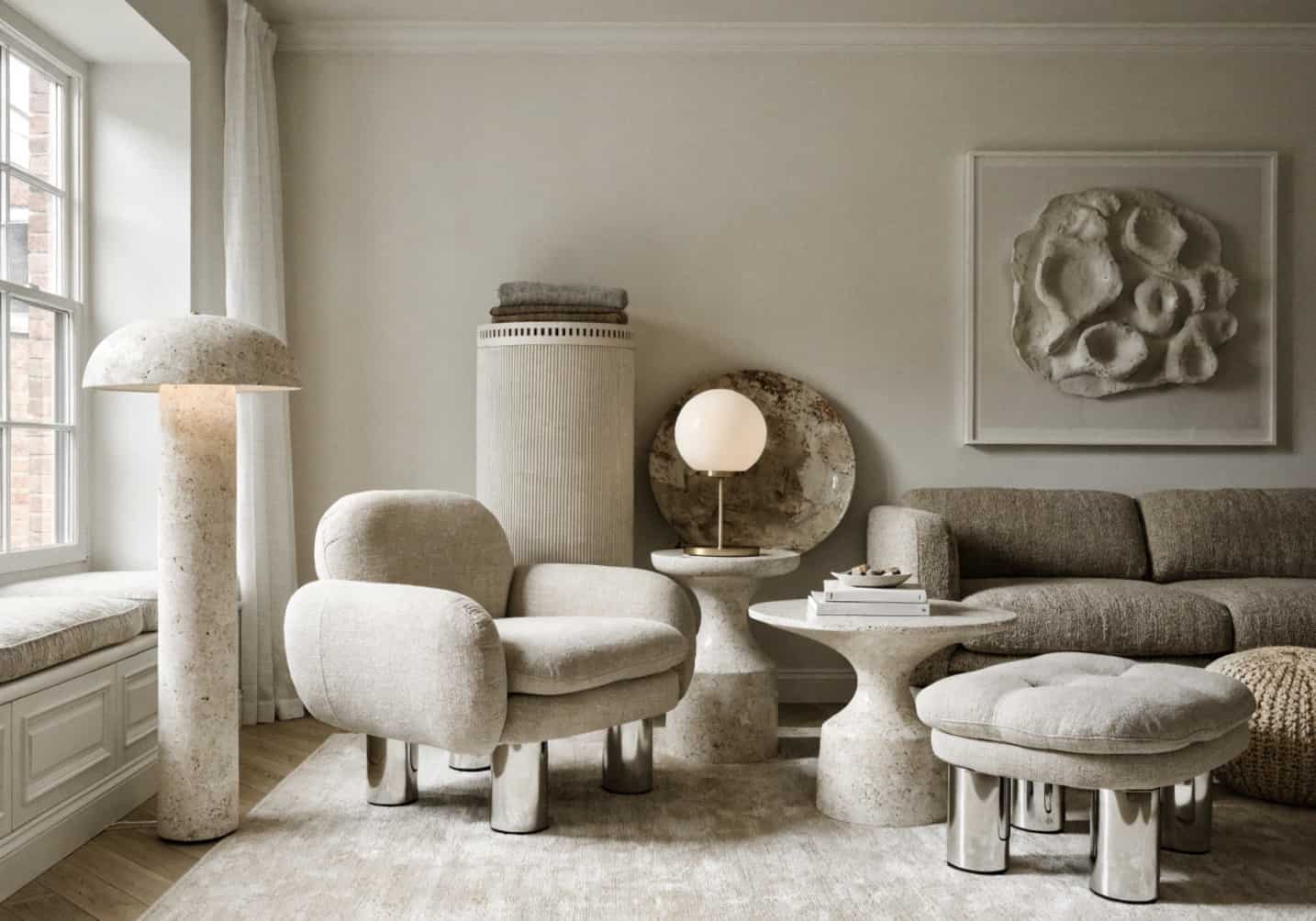 cohesive small living room decor, neutral tones, modern minimal style