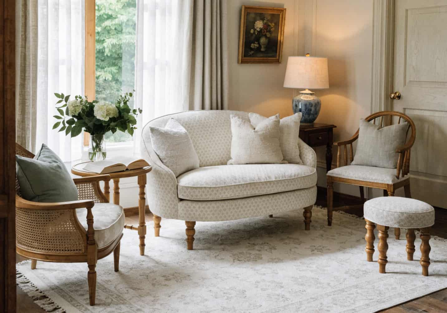 small living room with large area rug, furniture on rug, light neutral tones, cozy interior