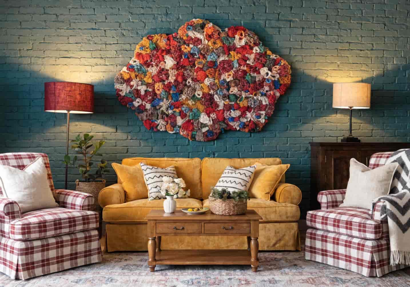 small living room with focal point, statement wall art, balanced furniture layout