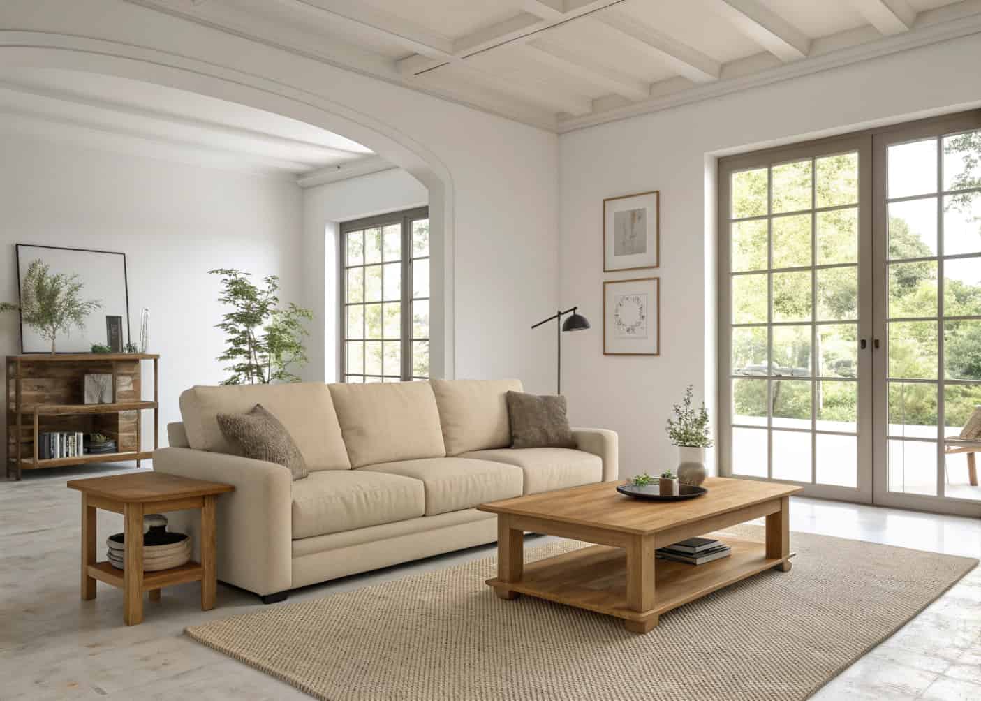modern neutral living room furniture, beige sofa, wooden coffee table, minimal decor, open layout