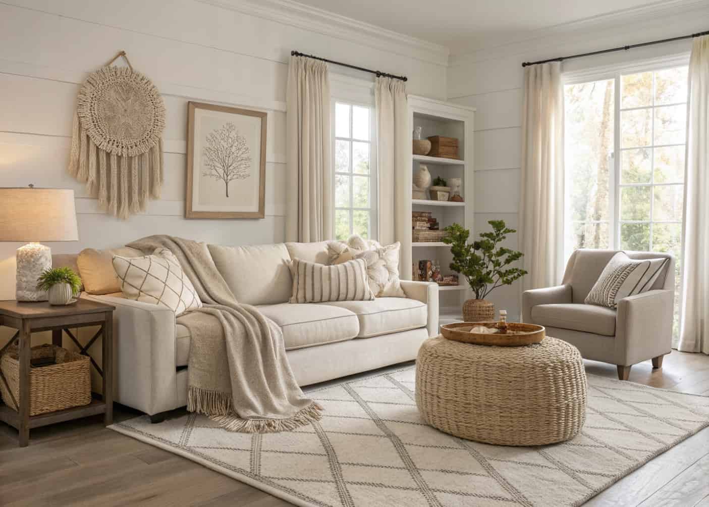 neutral living room with layered textures, soft rug, cozy throws, linen cushions, modern interior