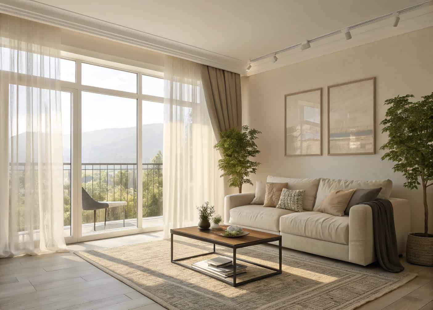 bright neutral living room, large windows, sunlight filling space, sheer curtains, cozy modern decor